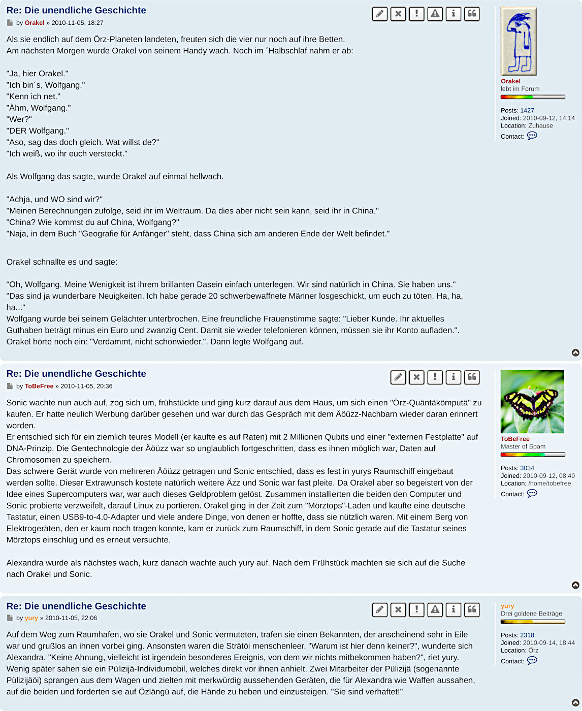 Ein Bildschirmfoto bzw. Screenshot von drei aufeinander folgenden Beiträgen in einem Internetforum. Der Inhalt ist eine alte Fassung der Infinite Adventures. Die Autoren der Beiträge sind Orakel, ToBeFree und yury.