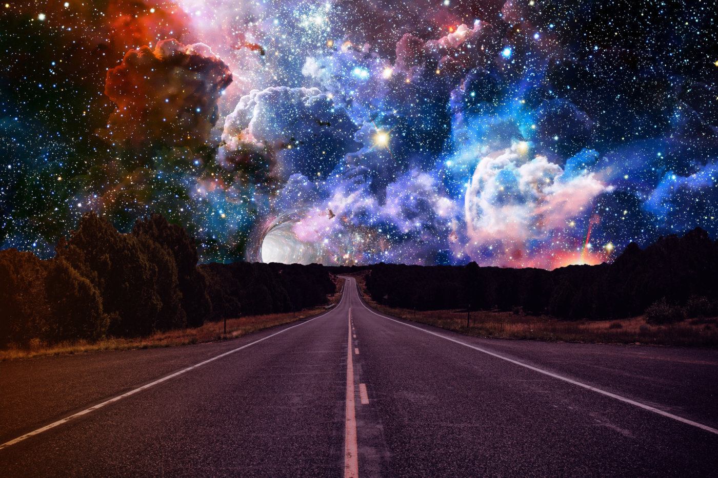 Cover des zweiten Teils: Eine Auto-Straße, die in die Unendlichkeit führt, symbolisiert durch einen Tunnel im bunten Sternenhimmel