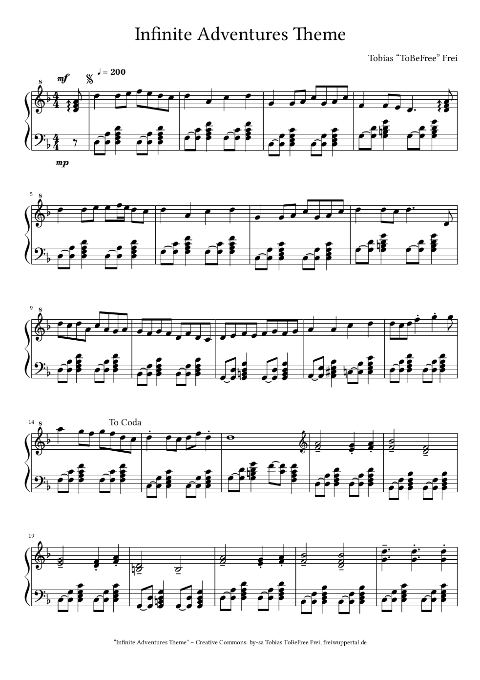 Computergesetzte Musiknoten der Titelmelodie der Infinite Adventures, Seite 1 von 2.