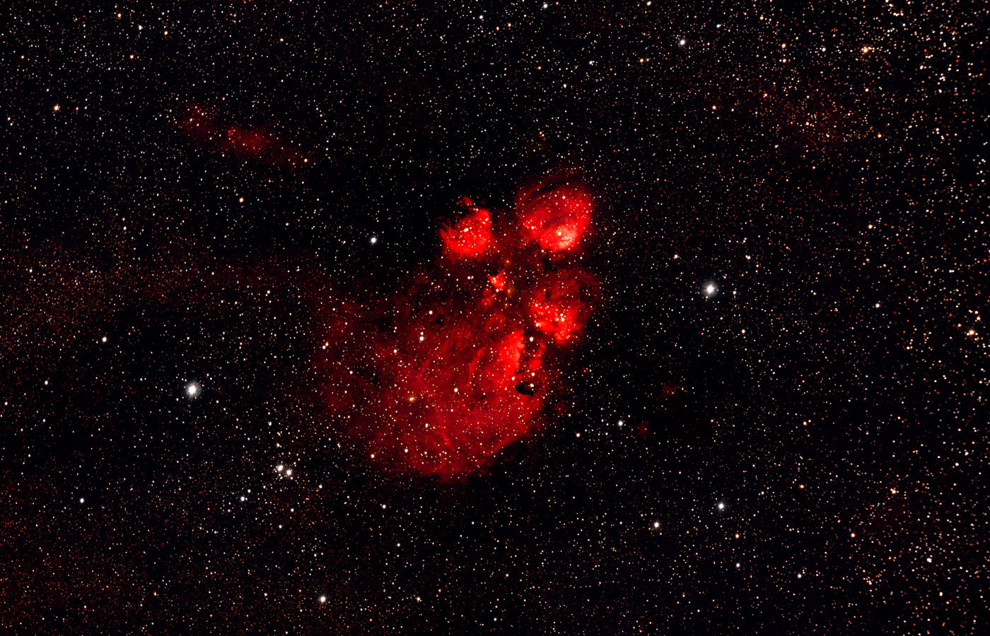 Ein Foto von NGC6334, auch als Katzenpfotennebel bekannt. Eine riesige rote Katzenpfote sticht aus der Schwärze des Alls hervor.
